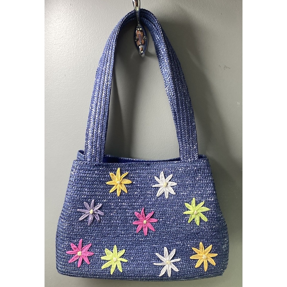 Gunne Sax Vintage Women Woven Straw Shoulder Purse Floral Blue 8x10x4". NEW